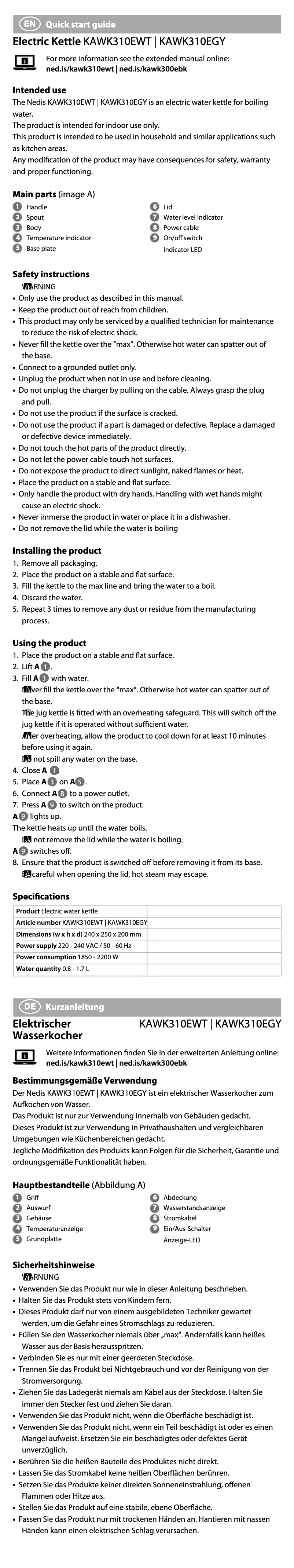 Page 1 de la notice Manuel utilisateur Nedis KAWK310EWT