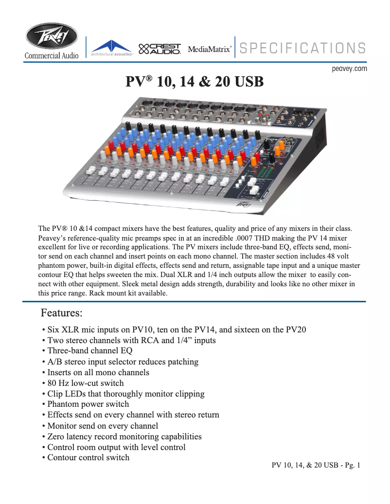 Page 1 de la notice Fiche technique Peavey PV 10 USB