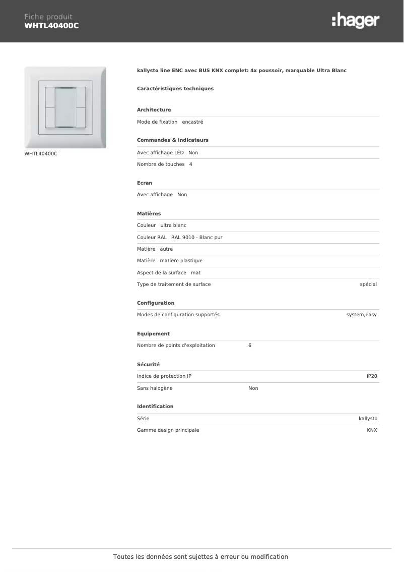 Page 1 de la notice Fiche technique Hager WHTL40400C