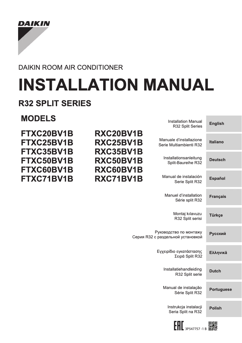 Page 1 de la notice Manuel utilisateur Daikin RXC25BV1B