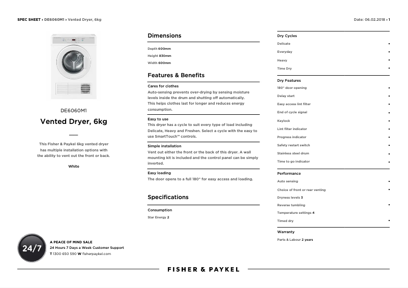 Página 1 del manual Ficha técnica Fisher & Paykel DE6060M1