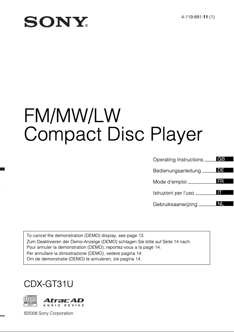 Image de la première page du manuel de l'appareil CDX-GT31U