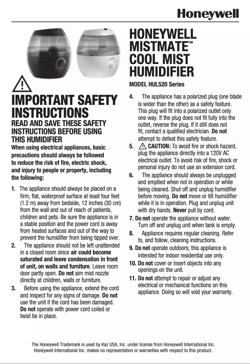 Page 1 de la notice Manuel utilisateur Honeywell MistMate HUL520
