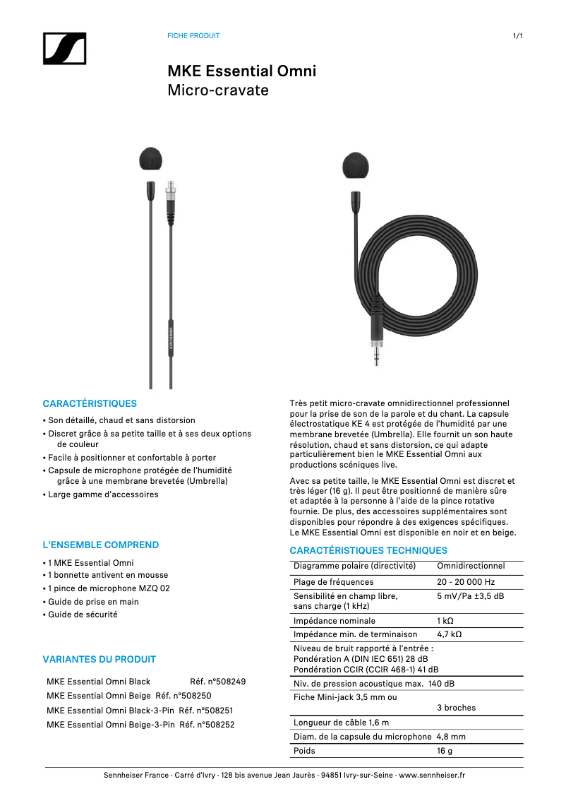 Page 1 de la notice Fiche technique Sennheiser MKE Essential Omni
