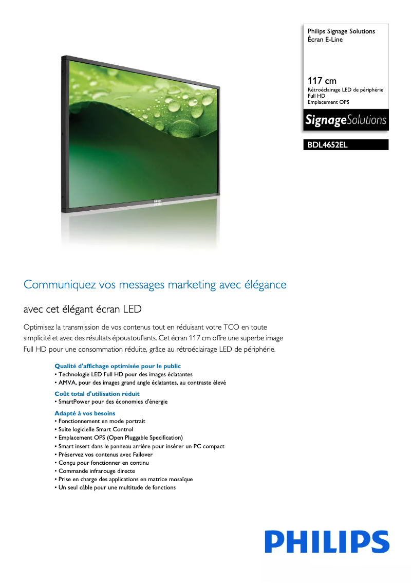 Page n°1 - Fiche technique Philips Signage Solutions BDL4652EL