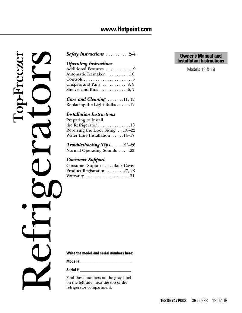 Page 1 de la notice Guide d'installation Hotpoint HTS18BBMLCC