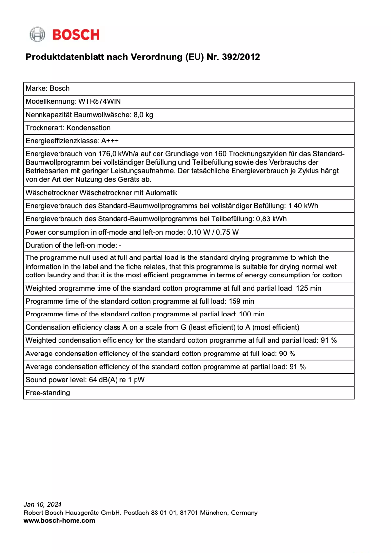 Page 1 of the manual Technical Sheet Bosch WTR874WIN