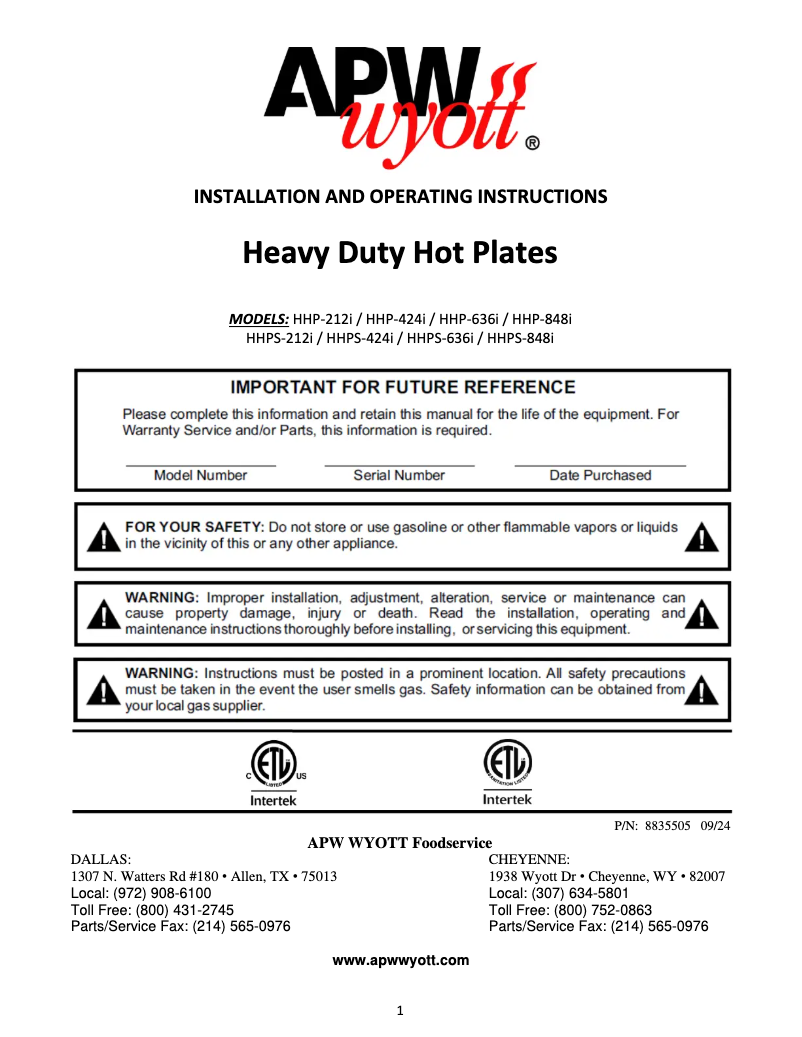 Page 1 de la notice Manuel utilisateur APW Wyott HHPS-848i