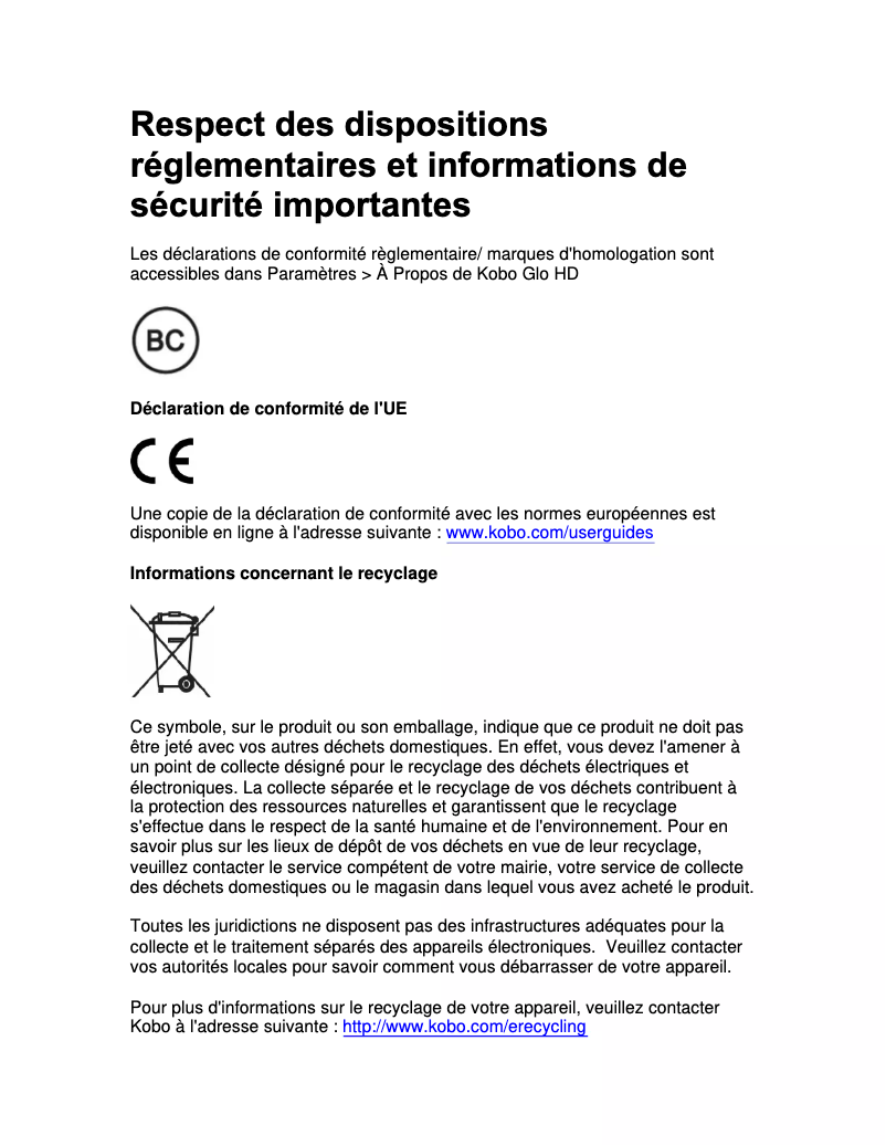 Page 1 de la notice Instructions de sécurité Kobo Glo HD