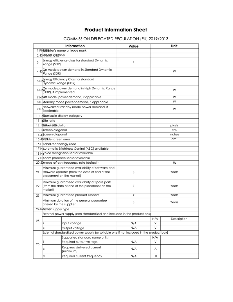 Page 1 of the manual Technical Sheet Philips 43HFL4014
