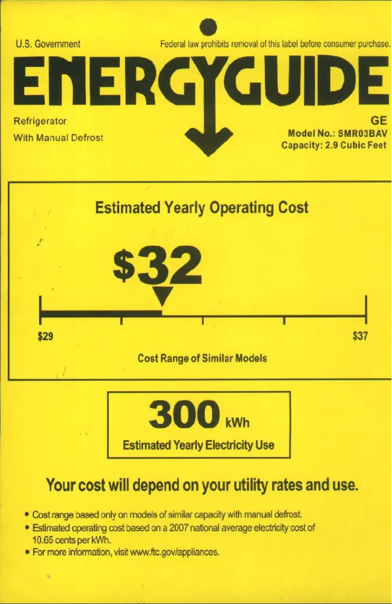 Page 1 of the manual Energy Label GE SMR03BAVWW