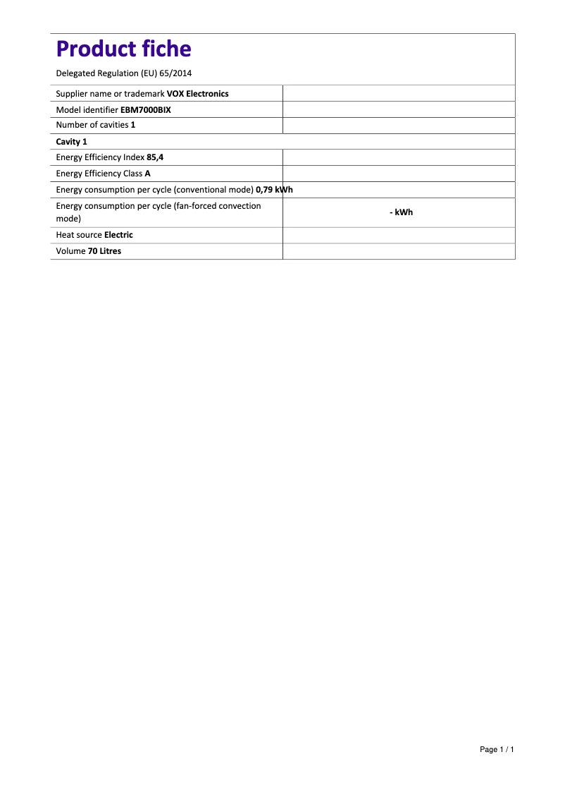 Page 1 of the manual Technical Sheet VOX EBB 7000 BIX
