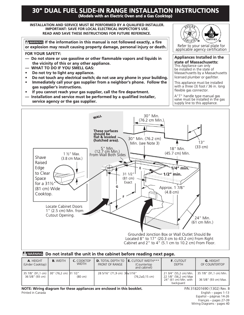 Page 1 de la notice Guide d'installation Frigidaire FGDS3065KW