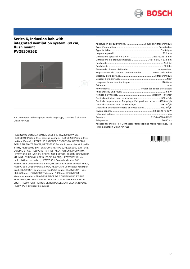 Page 1 de la notice Fiche technique Bosch PVQ820H26E