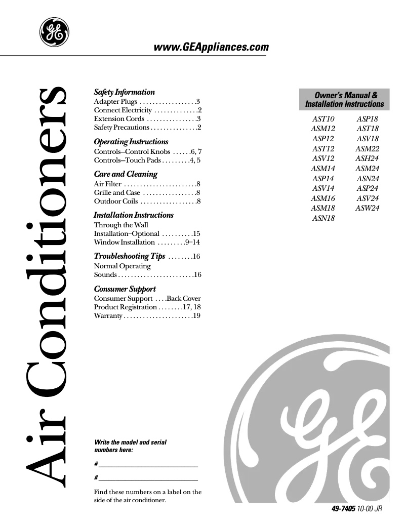 Page 1 of the manual Installation Guide GE ASV12AA