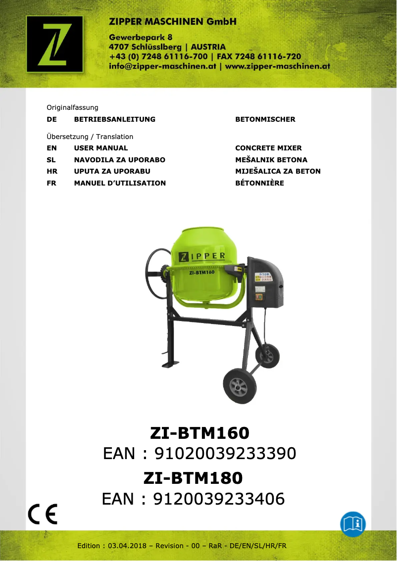 Page 1 de la notice Manuel utilisateur Zipper ZI-BTM160