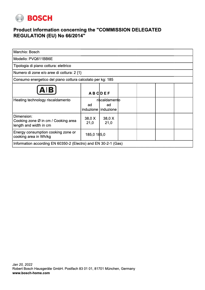 Page 1 of the manual Technical Sheet Bosch PVQ611BB6E