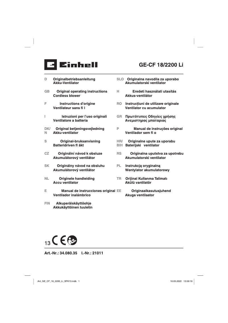 Page 1 de la notice Manuel utilisateur Einhell GE-CF 18/2200 Li