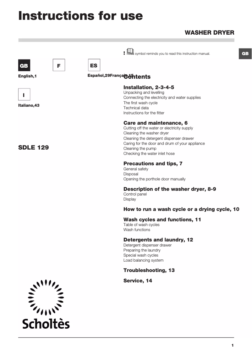 Page 1 de la notice Manuel utilisateur Scholtès SDLE 129