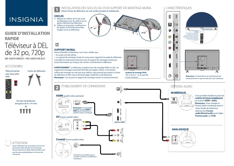 Page 1 de la notice Guide de démarrage rapide Insignia NS-32D310NA21