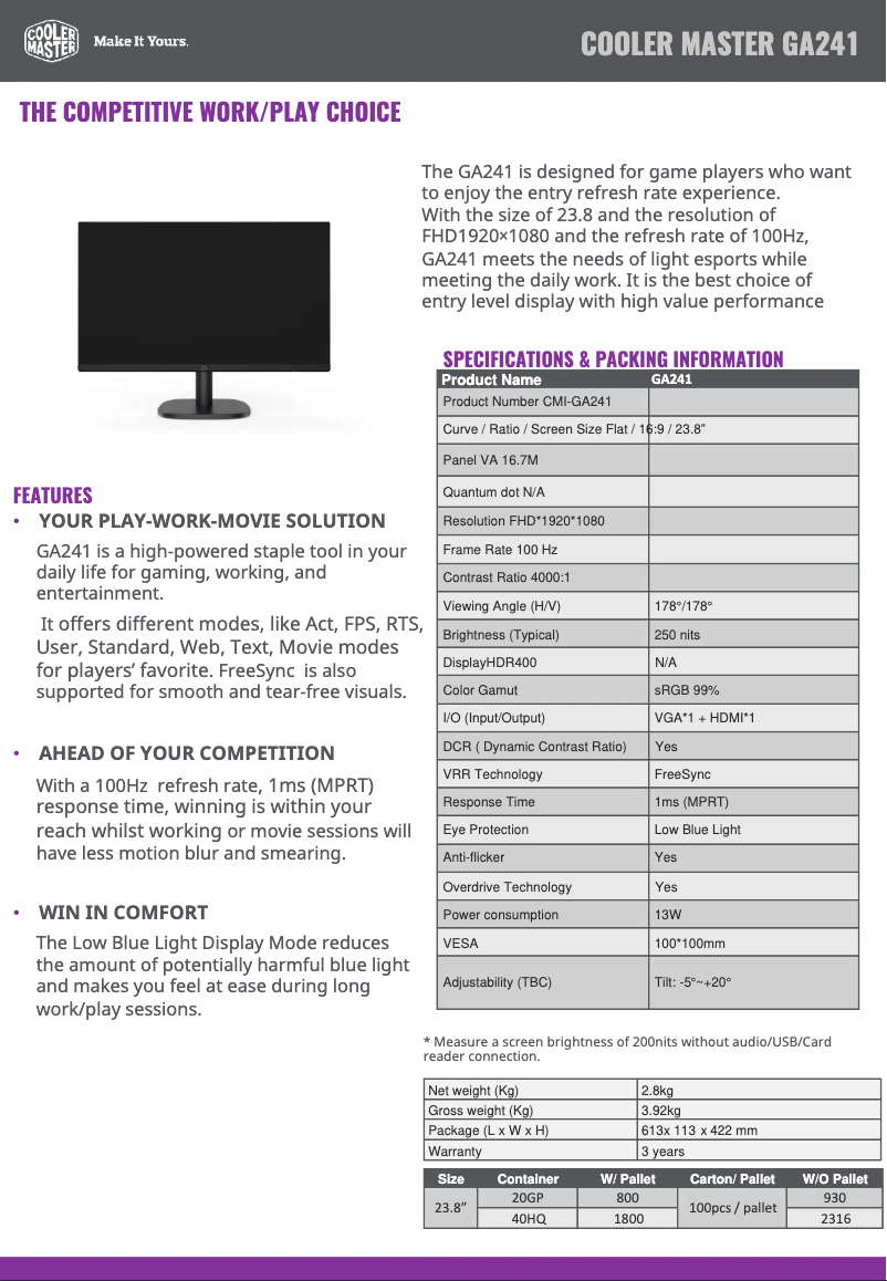 Page 1 de la notice Fiche technique Cooler Master GA241