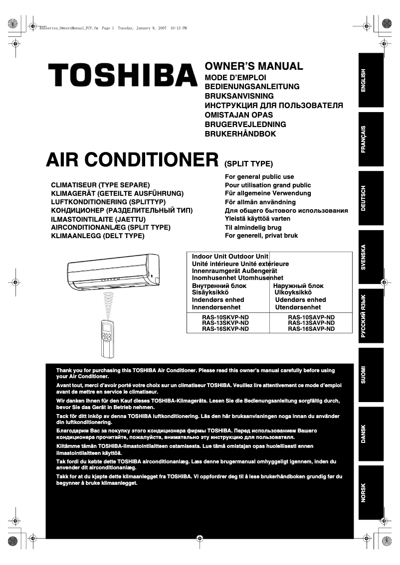 Page 1 de la notice Manuel utilisateur Toshiba RAS-16SKVP-ND