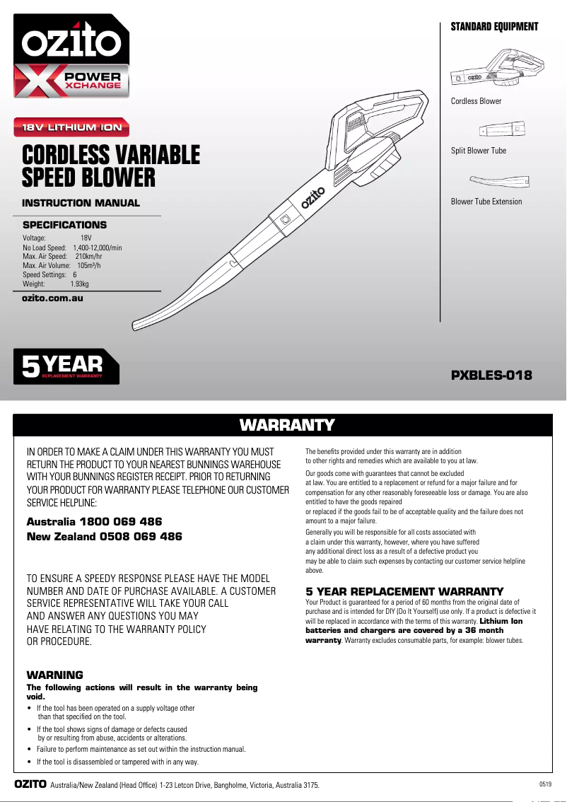 Page 1 de la notice Manuel utilisateur Ozito PXBLEK-418