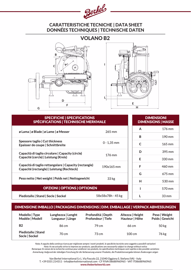 Página 1 del manual Ficha técnica Berkel Volano B2