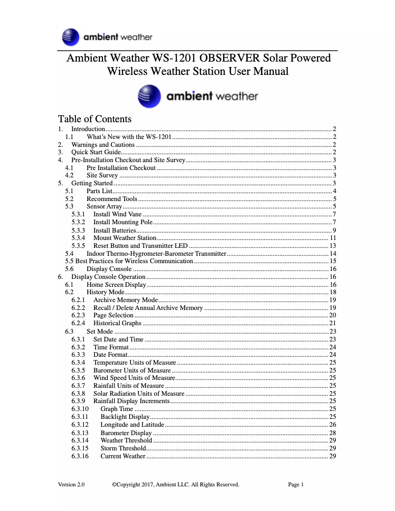 Page 1 de la notice Manuel utilisateur Ambient Weather WS-1201