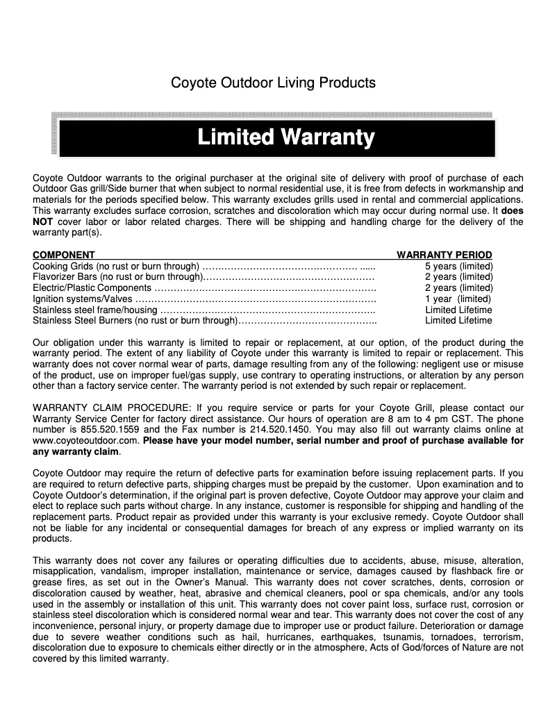 Page 1 de la notice Informations de garantie Coyote CJAKTCC3