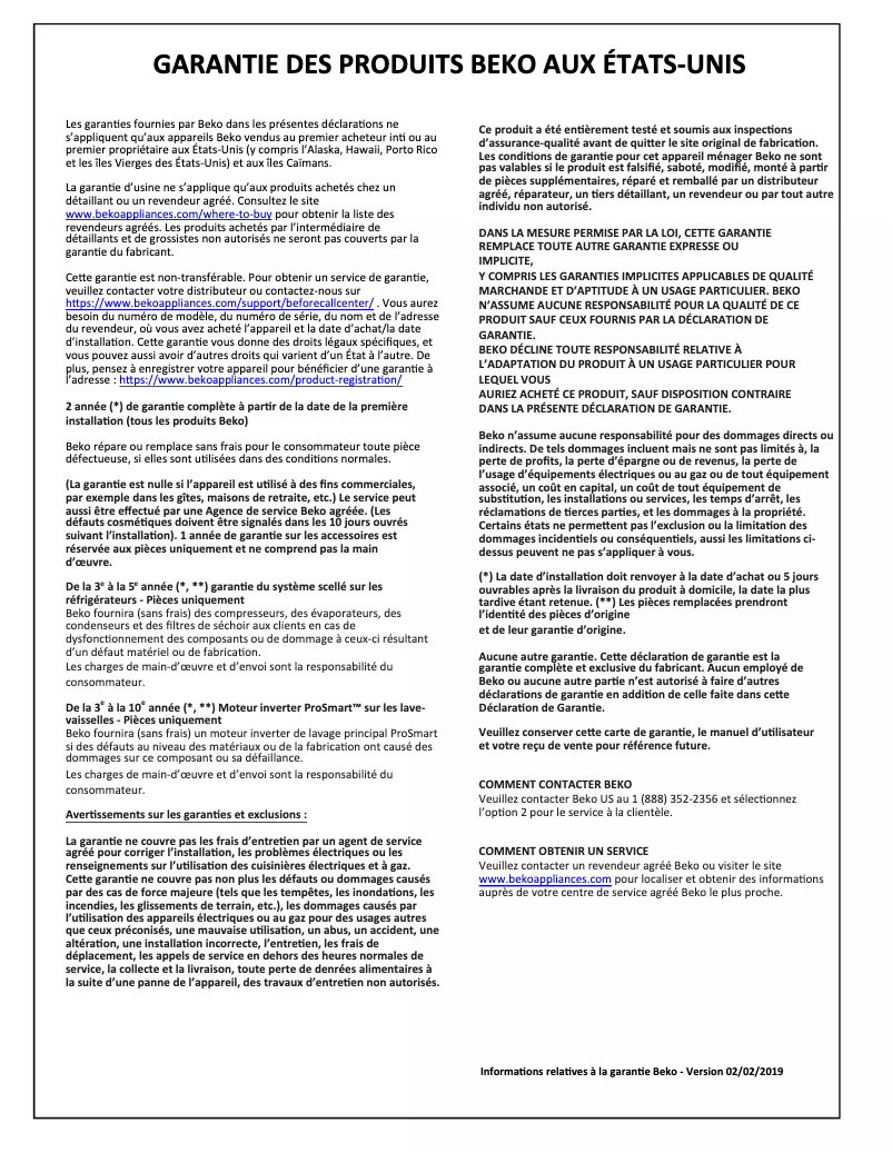 Page 1 de la notice Informations de garantie Beko SLGR30530SS