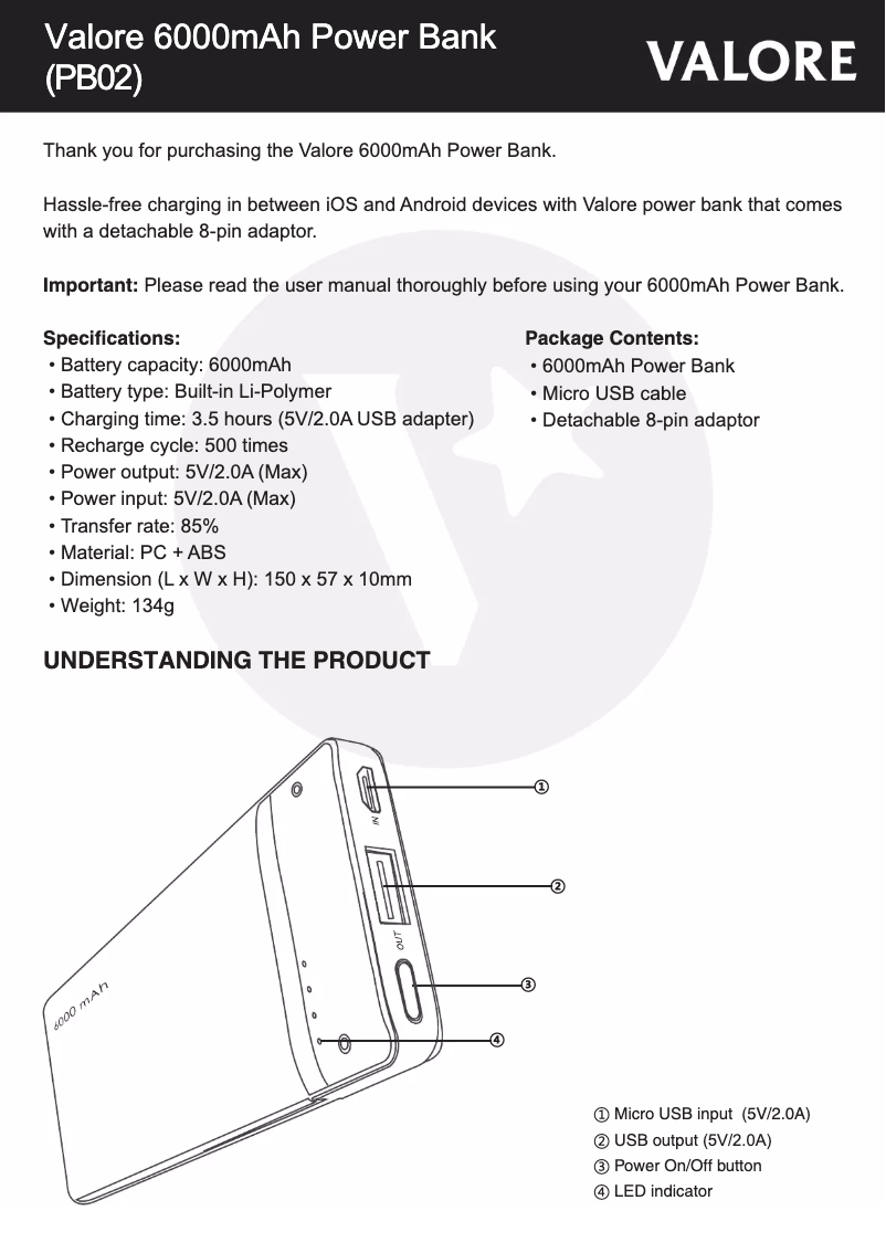 Page 1 de la notice Manuel utilisateur Valore PB02