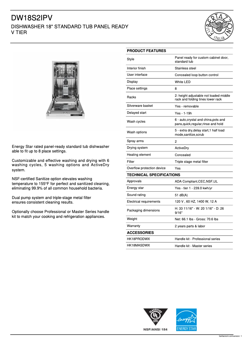 Page 1 de la notice Fiche technique Bertazzoni DW18S2IPV