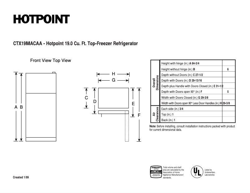 Página 1 del manual Ficha técnica GE CTX19MACAA