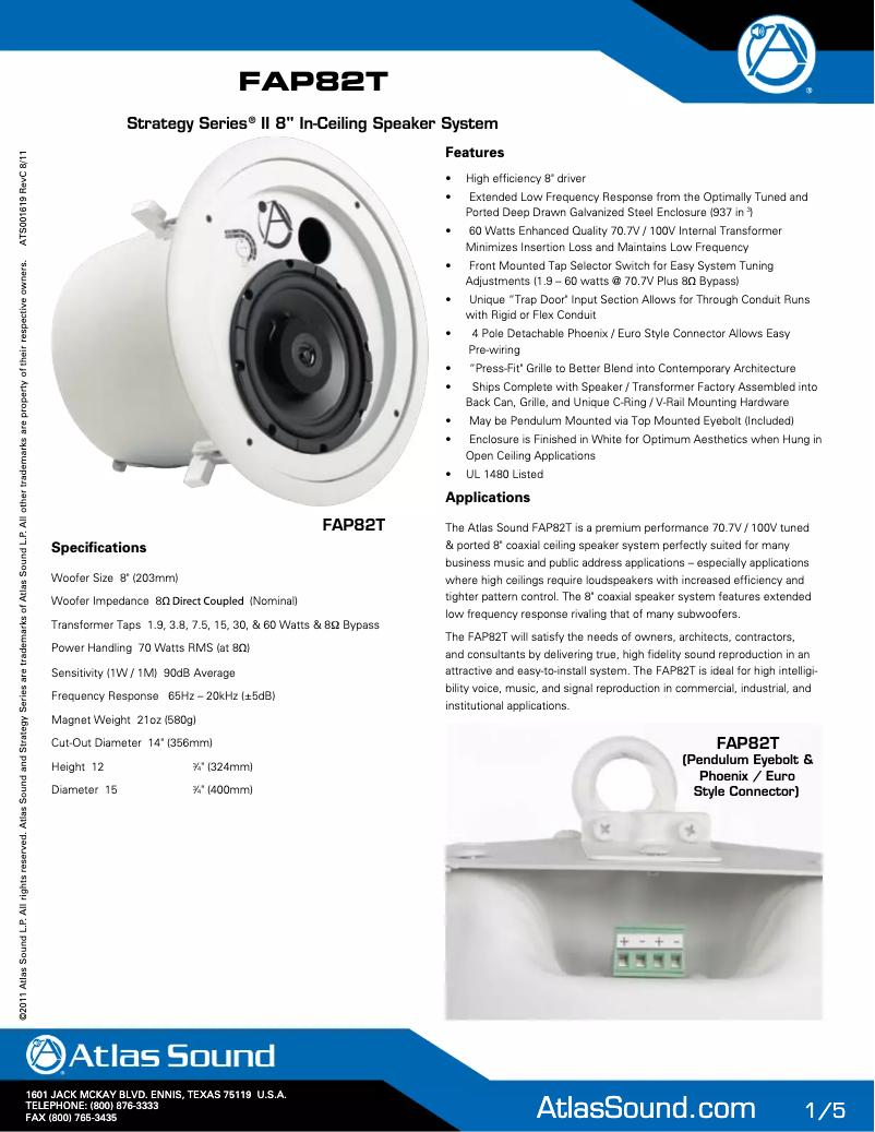 Page 1 de la notice Brochure Atlas Sound FAP82T