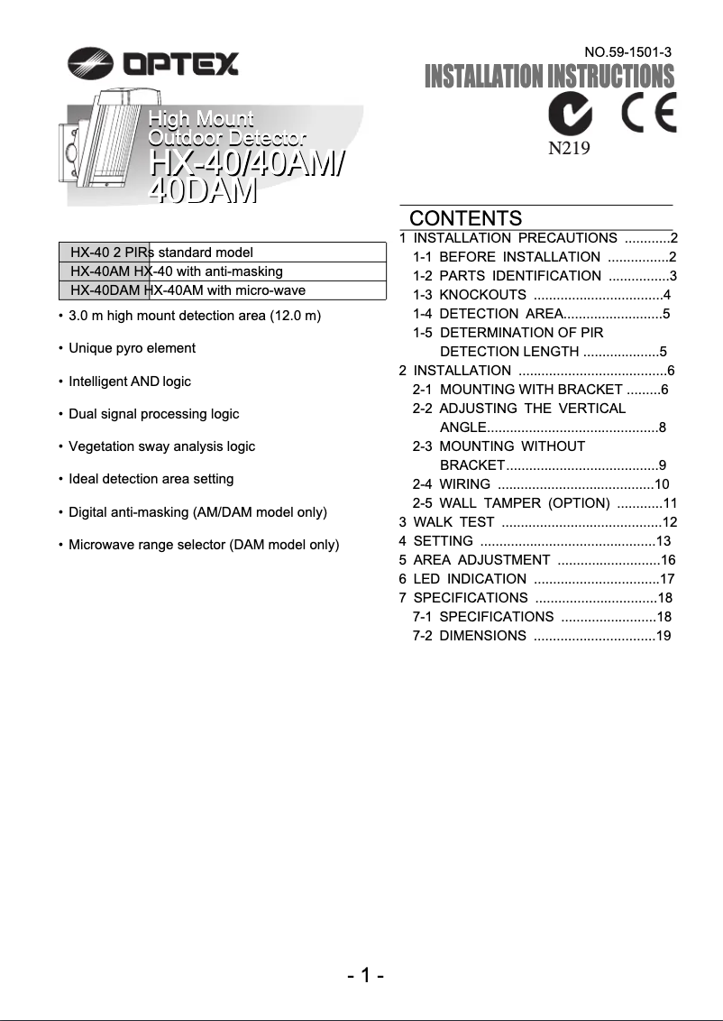Page 1 de la notice Manuel utilisateur Optex HX-40