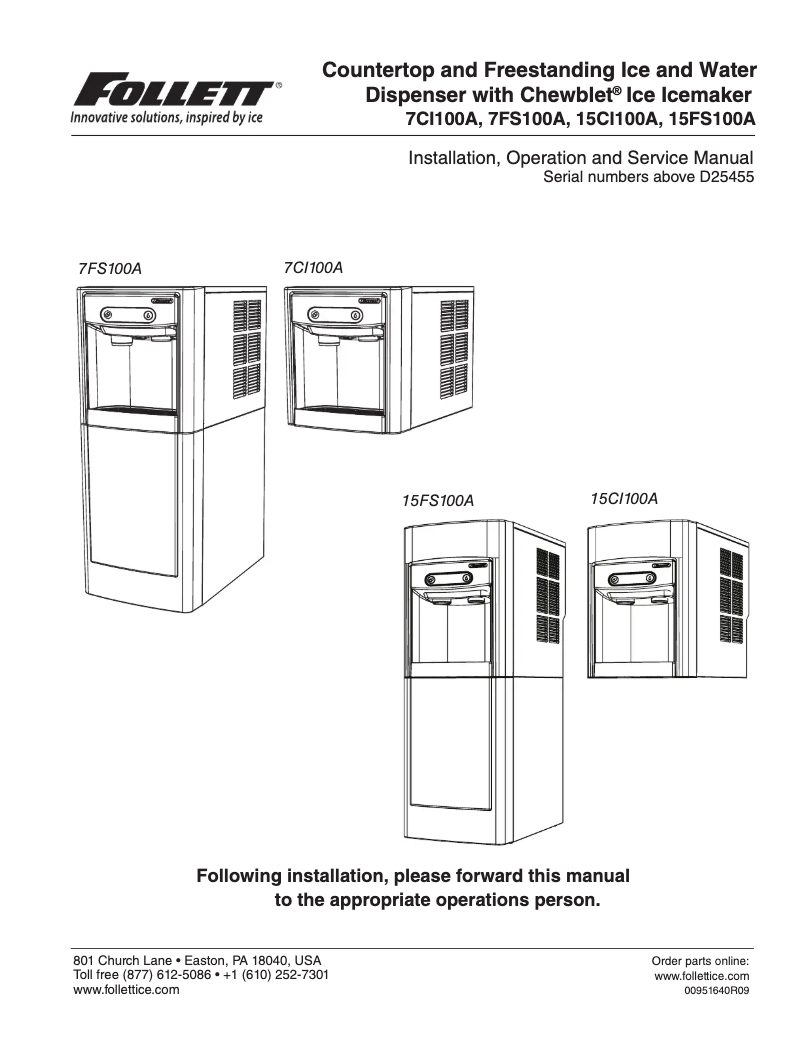 Page 1 of the manual Use and Maintenance Manual Follett 7CI100A-IW-NF-ST-00