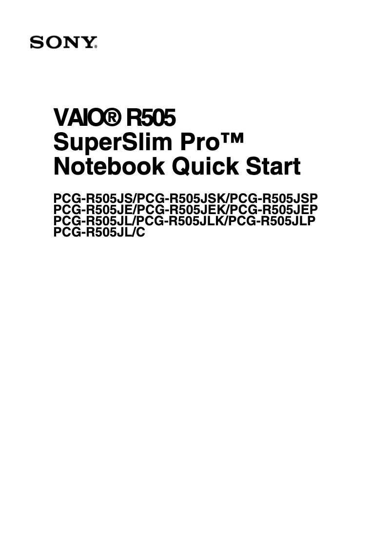 Page 1 de la notice Guide d'installation Sony Vaio PCG-R505JE