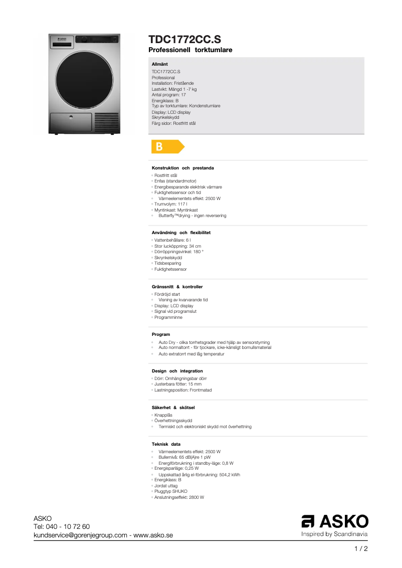 Page 1 de la notice Fiche technique Asko TDC1772CC.S