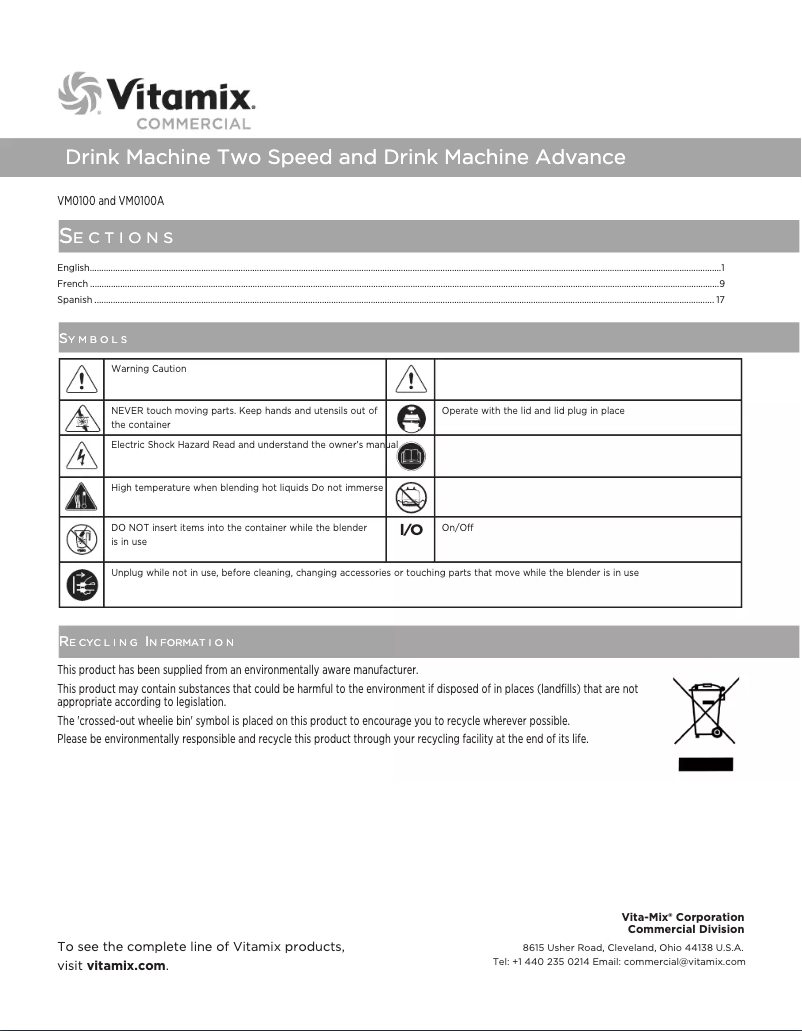Page 1 de la notice Manuel utilisateur Vitamix Drink Machine Advance