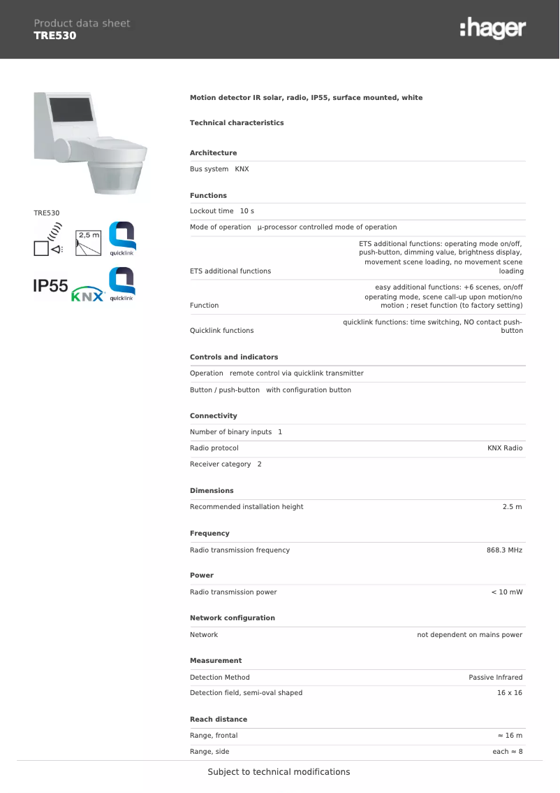 Page 1 de la notice Fiche technique Hager TRE530