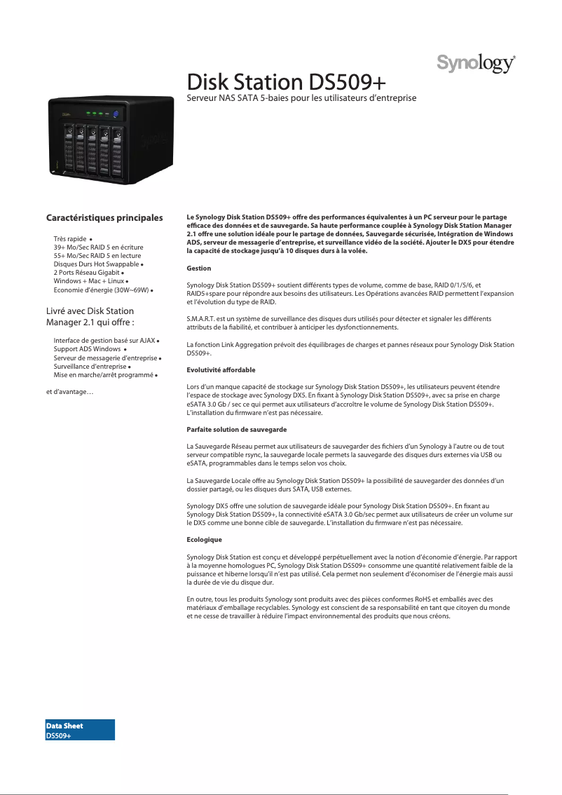 Page 1 de la notice Fiche technique Synology DiskStation DS509+