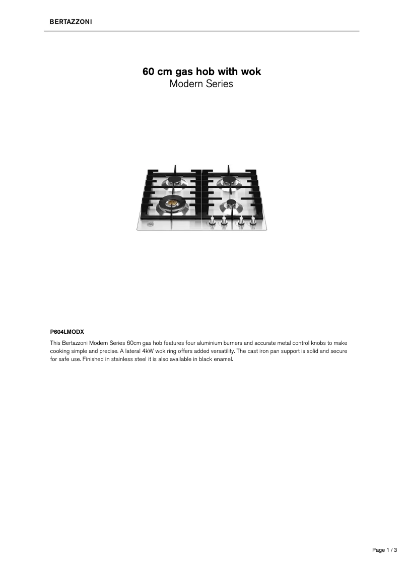 Page 1 de la notice Fiche technique Bertazzoni P604LMODX