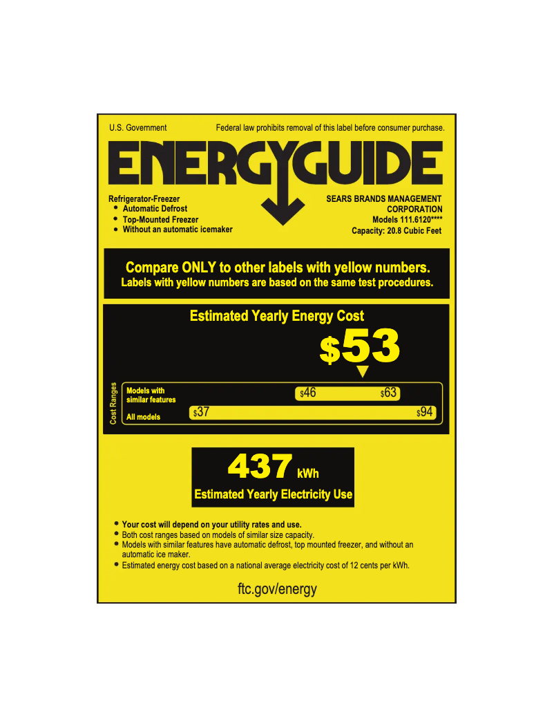 Page 1 de la notice Label énergétique Kenmore 61209