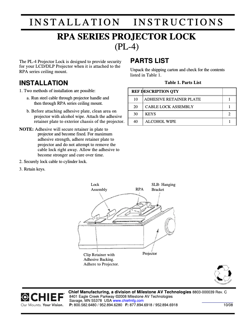 Page 1 de la notice Manuel utilisateur Chief PL4