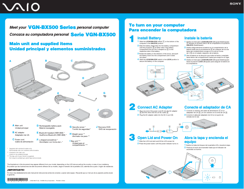 Page 1 de la notice Guide d'installation Sony Vaio VGN-BX563B