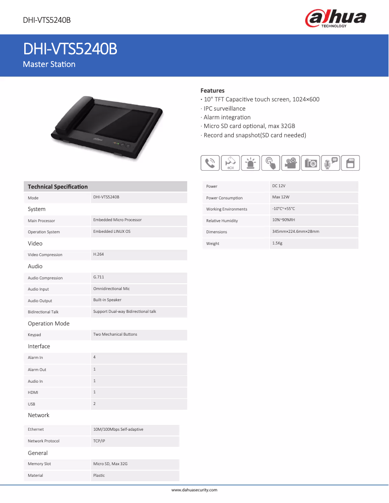 Page 1 de la notice Fiche technique Dahua Technology VTS5240B