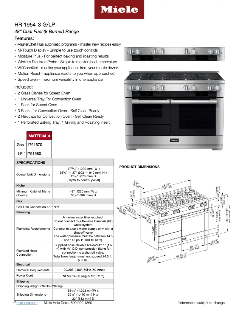 Página 1 del manual Ficha técnica Miele HR 1954-3 G