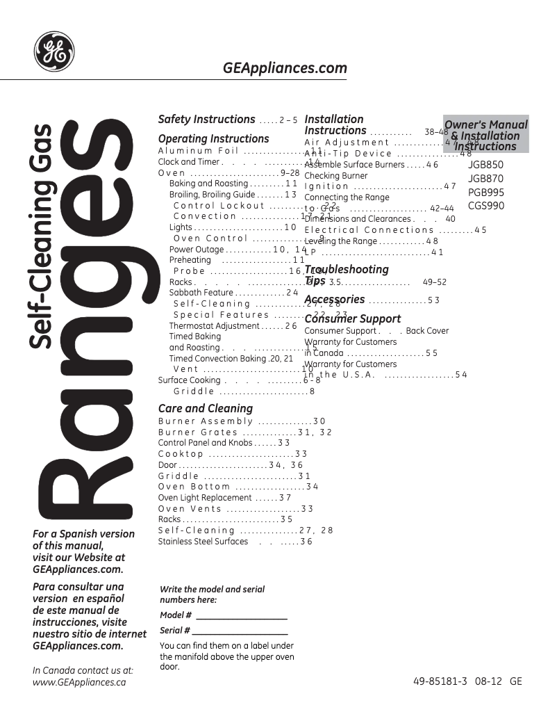 Página 1 del manual Guía de instalación GE JGB870DETWW
