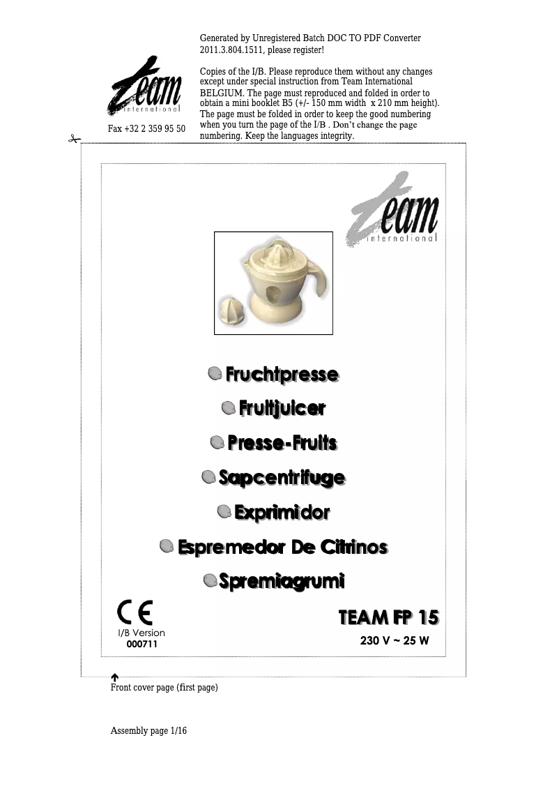 Page 1 de la notice Manuel utilisateur Team FP 15